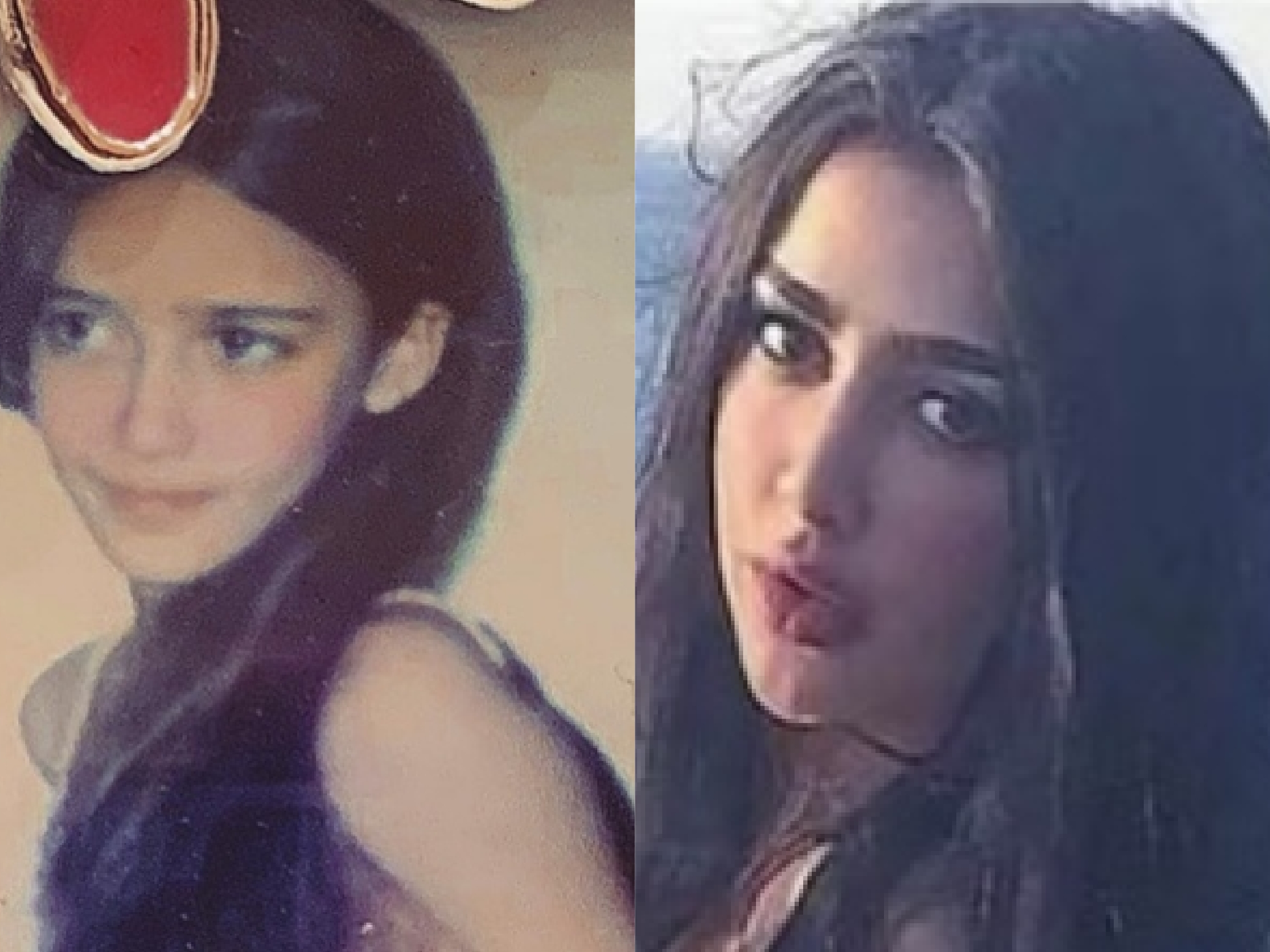 صورتان لمروج الرحيلي يظهر فيهما جمالها الطبيعي الأولى وهي بعمر السبع سنوات والثانية وهي بعمر السادسة عشر